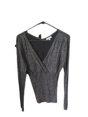 Cache | Metallic Silver V-Neck Long Sleeve Dress Top |  16 PTP